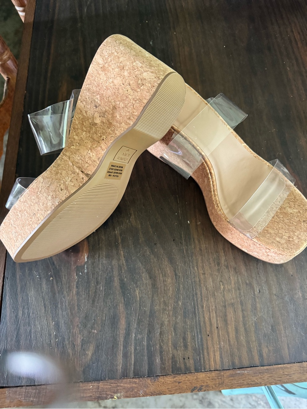 crown & ivy Clear Strap Cork Platform Wedges - Beige